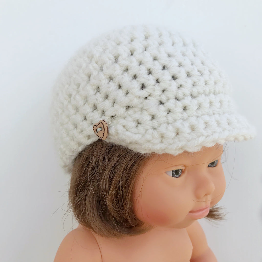 Crochet Cream Hat with Heart Button